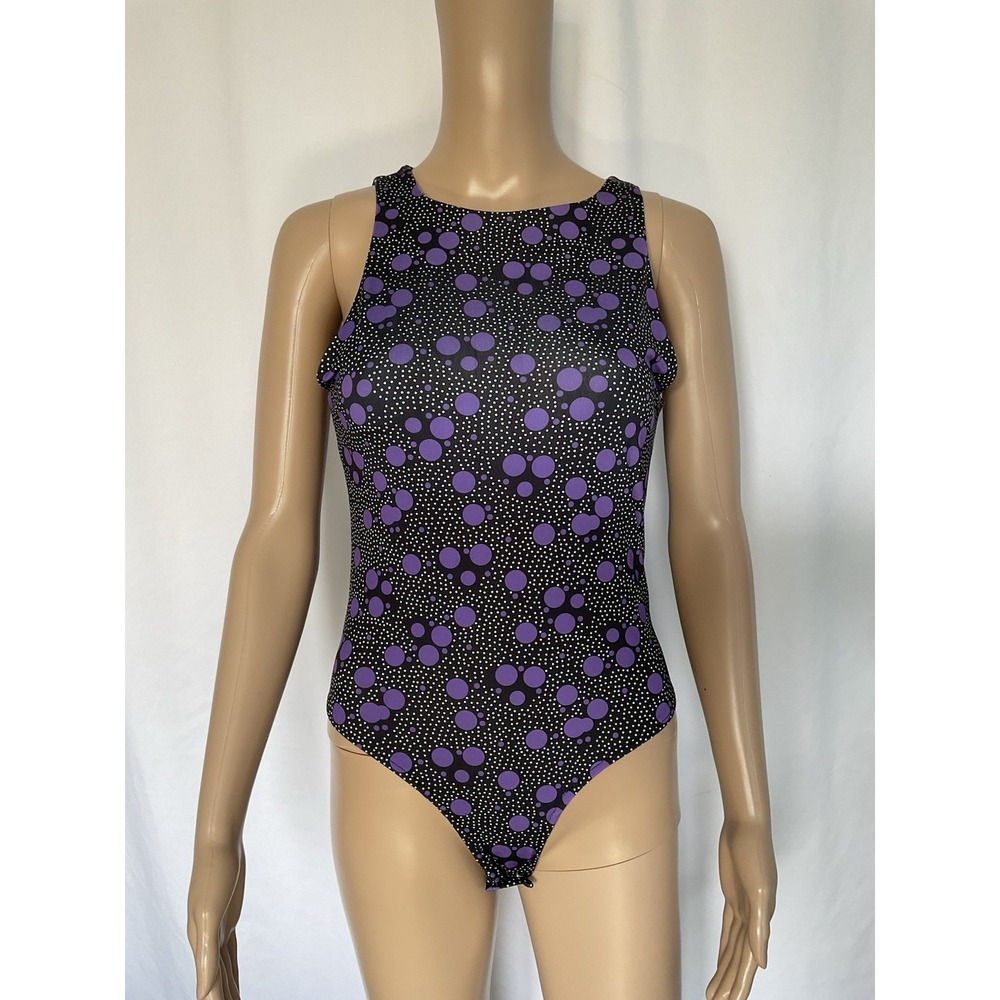 Small Bodysuit Tank Top Scoop Neck black purple print snap closure sleeveless‎